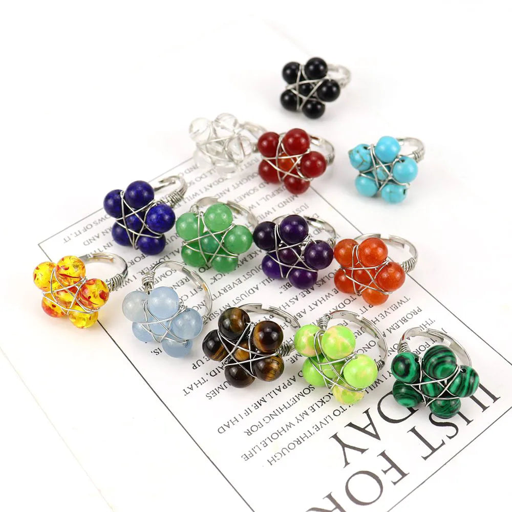 Tiktok New Handmade Winding Natural Crystal Stone Round Beads Flower Ring Adjustable Opening Ring R21