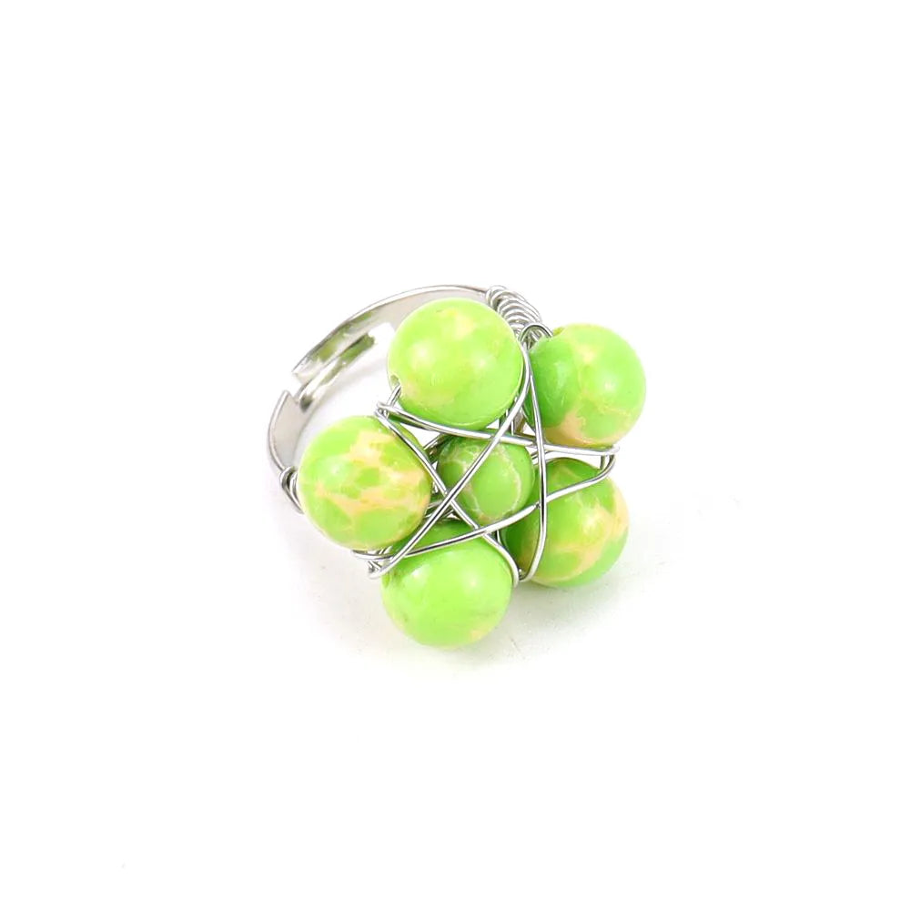 Tiktok New Handmade Winding Natural Crystal Stone Round Beads Flower Ring Adjustable Opening Ring R21