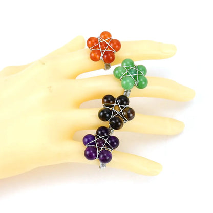 Tiktok New Handmade Winding Natural Crystal Stone Round Beads Flower Ring Adjustable Opening Ring R21