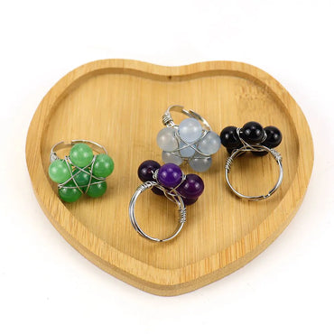 Tiktok New Handmade Winding Natural Crystal Stone Round Beads Flower Ring Adjustable Opening Ring R21