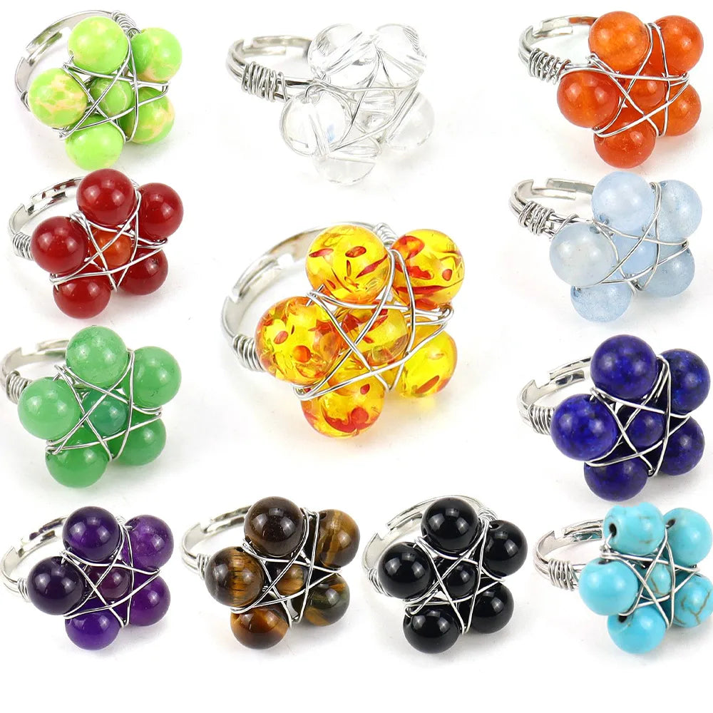 Tiktok New Handmade Winding Natural Crystal Stone Round Beads Flower Ring Adjustable Opening Ring R21