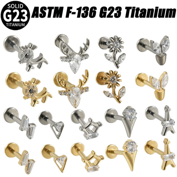 Titanium Alloy Inner Tooth Lip Nail Sunflower Deer Horn Zircon Lip Ring Tshaped Flat Bottom Ear Bone Nail Jewelry Electroplated