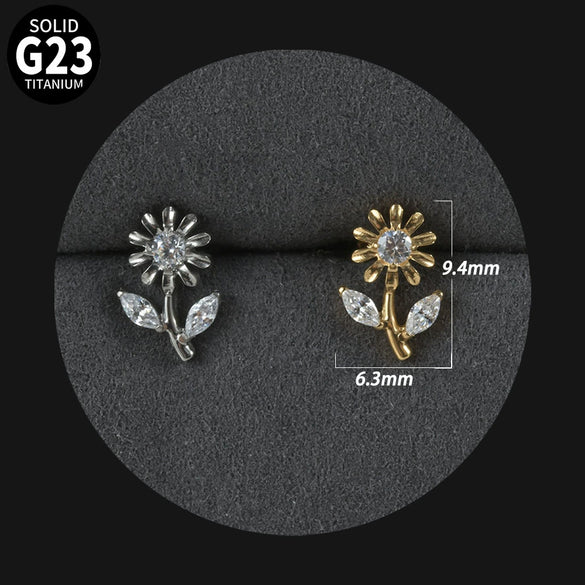 Titanium Alloy Inner Tooth Lip Nail Sunflower Deer Horn Zircon Lip Ring Tshaped Flat Bottom Ear Bone Nail Jewelry Electroplated