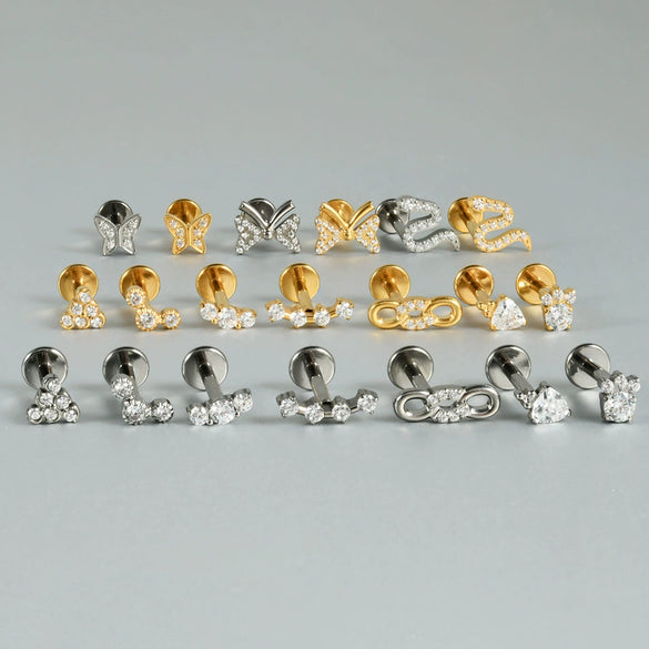 Titanium Inner Tooth Lip Nail And Lip Ring Jewelry With Geometric Pattern And Electroplating Butterfly And Dog Footprint Inlaid Zircon
