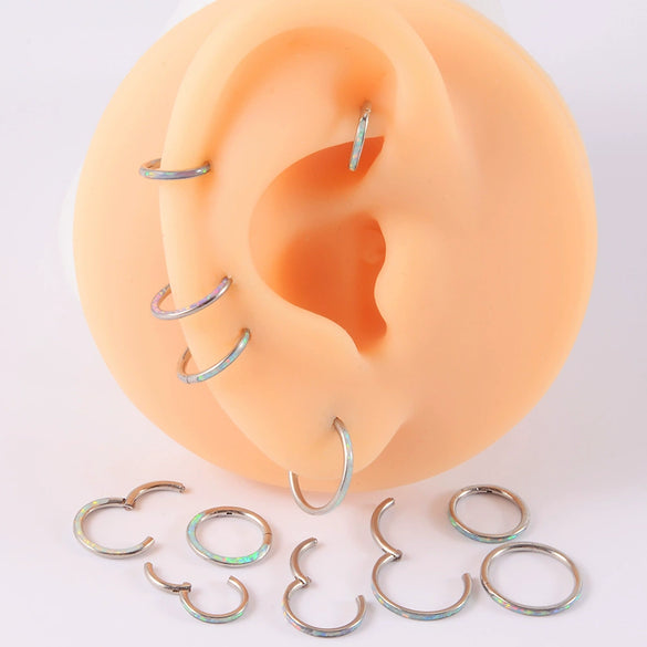Titanium Precision Inlaid Opal Round Nose Ring And Earrings Unisex Piercing Jewelry