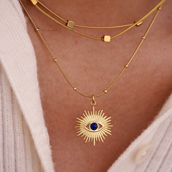 Titanium Steel 14K Gold Plated Elegant Classical Lady Plating Inlay Geometric Devil'S Eye Natural Stone Pendant Necklace