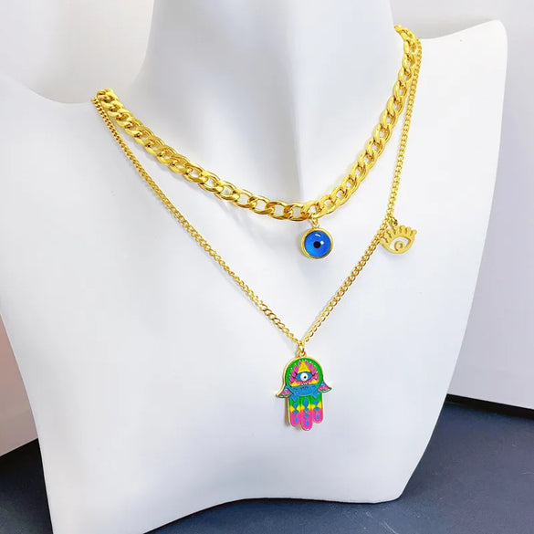 Wholesale Jewelry Cartoon Style Cute Devil'S Eye Palm 304 Stainless Steel Titanium Steel 18K Gold Plated Epoxy Plating Earrings Necklace Jewelry Set