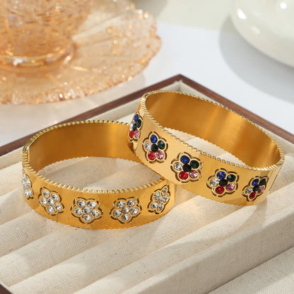 Titanium Steel 18K Gold Plated Casual Elegant Simple Style Flower Hollow Out Inlay Rhinestones Bangle