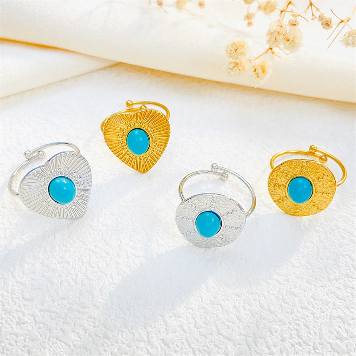 Titanium Steel 18K Gold Plated Casual Elegant Sun Heart Shape Turquoise Open Rings