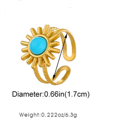 Titanium Steel 18K Gold Plated Casual Elegant Sun Heart Shape Turquoise Open Rings