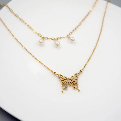 Titanium Steel 18K Gold Plated Casual Modern Style Simple Style Butterfly Double Layer Necklaces