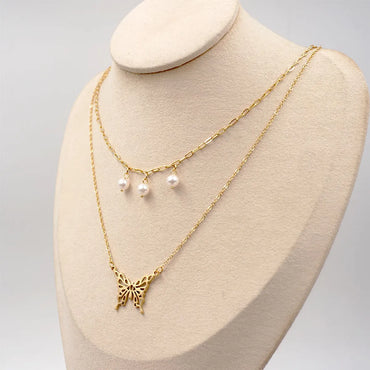 Titanium Steel 18K Gold Plated Casual Modern Style Simple Style Butterfly Double Layer Necklaces