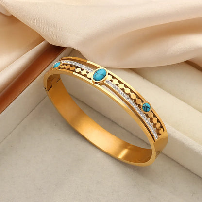 Titanium Steel 18K Gold Plated Casual Simple Style Commute Oval Layered Inlay Turquoise Rhinestones Bangle