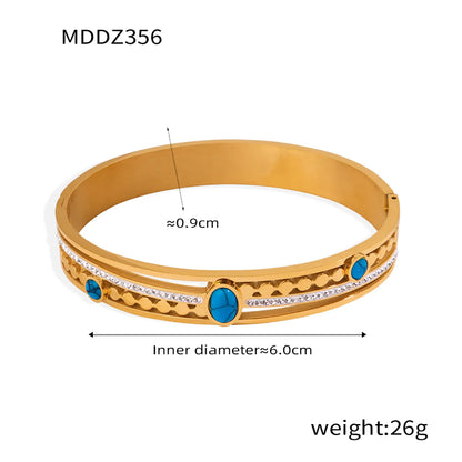 Titanium Steel 18K Gold Plated Casual Simple Style Commute Oval Layered Inlay Turquoise Rhinestones Bangle