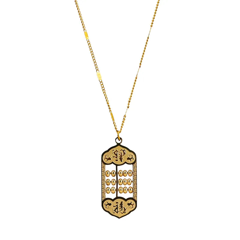 304 Stainless Steel 18K Gold Plated Chinoiserie Beaded Geometric Pendant Necklace