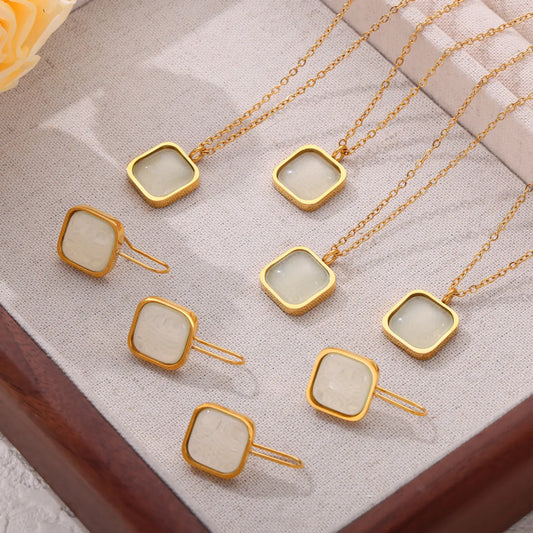 Wholesale Jewelry Elegant French Style Simple Style Square Titanium Steel Resin 18K Gold Plated Inlay Earrings Necklace