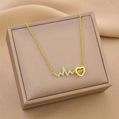 Titanium Steel 18K Gold Plated Elegant Simple Style Commute Electrocardiogram Heart Shape Polishing Inlay Artificial Rhinestones Necklace