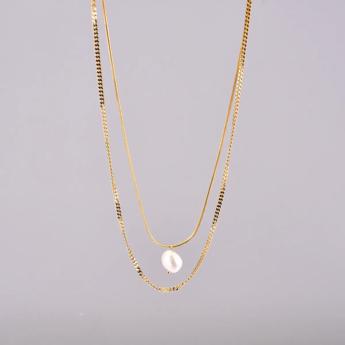 Titanium Steel 18K Gold Plated Elegant Simple Style Geometric Inlay Freshwater Pearl Double Layer Necklaces