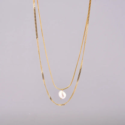 Titanium Steel 18K Gold Plated Elegant Simple Style Geometric Inlay Freshwater Pearl Double Layer Necklaces