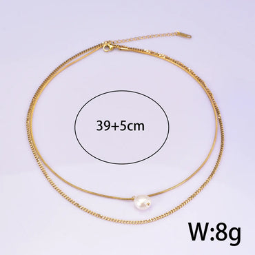 Titanium Steel 18K Gold Plated Elegant Simple Style Geometric Inlay Freshwater Pearl Double Layer Necklaces