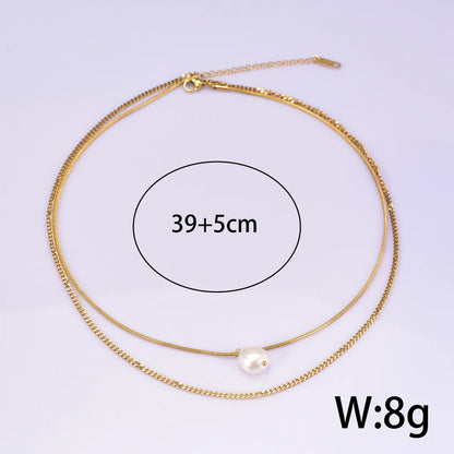 Titanium Steel 18K Gold Plated Elegant Simple Style Geometric Inlay Freshwater Pearl Double Layer Necklaces