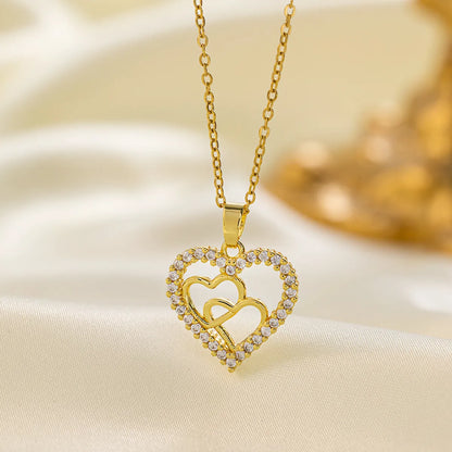 Titanium Steel 18K Gold Plated Elegant Simple Style Heart Shape Inlay Artificial Rhinestones Pendant Necklace