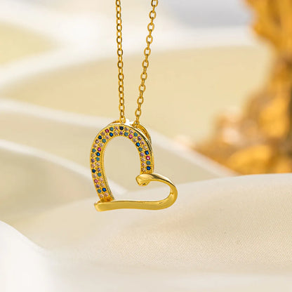 Titanium Steel 18K Gold Plated Glam Simple Style Commute Tower Heart Shape Flower Inlay Artificial Rhinestones Pendant Necklace