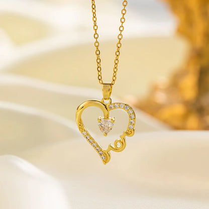 Titanium Steel 18K Gold Plated Glam Simple Style Commute Tower Heart Shape Flower Inlay Artificial Rhinestones Pendant Necklace