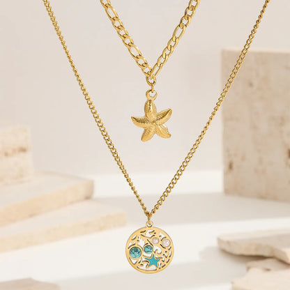 Titanium Steel 18K Gold Plated Hollow Out Inlay Starfish Shell Artificial Gemstones Turquoise Pendant Necklace