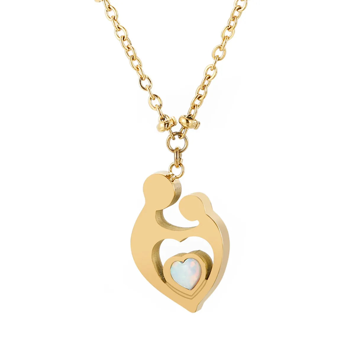 Titanium Steel 18K Gold Plated Lady Human Heart Shape Inlay Gem Pendant Necklace