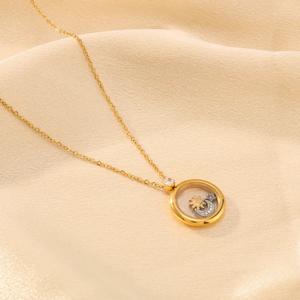304 Stainless Steel 18K Gold Plated Luxurious Romantic Shiny Plating Inlay Sun Moon Rhinestones Pendant Necklace