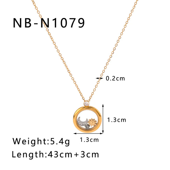 304 Stainless Steel 18K Gold Plated Luxurious Romantic Shiny Plating Inlay Sun Moon Rhinestones Pendant Necklace