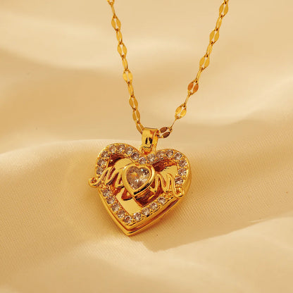 Titanium Steel 18K Gold Plated MAMA Sweet Simple Style Letter Heart Shape Inlay Artificial Diamond Pendant Necklace