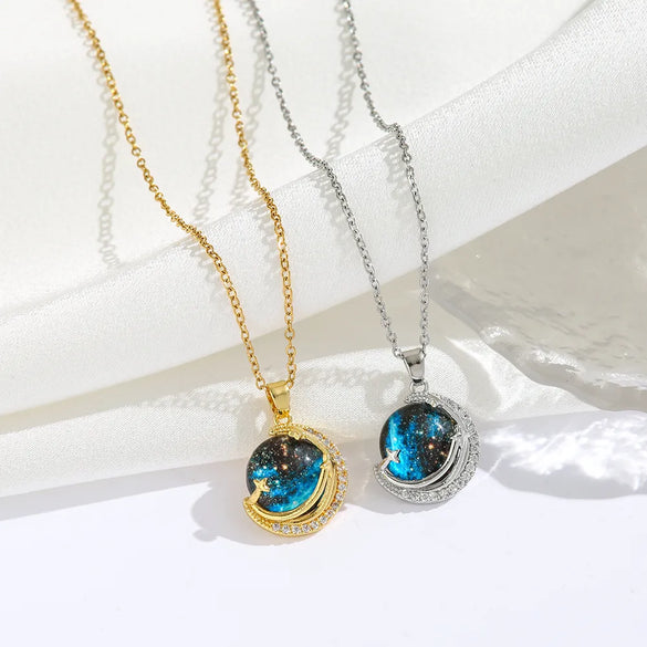 Titanium Steel 18K Gold Plated Modern Style Sweet Classic Style Plating Inlay Starry Sky Resin Zircon Pendant Necklace