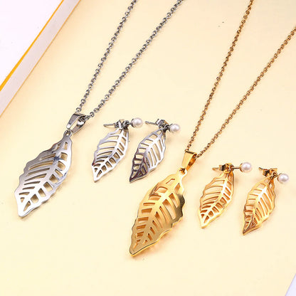 Wholesale Jewelry Retro Leaf Titanium Steel 18K Gold Plated Plating Earrings Necklace