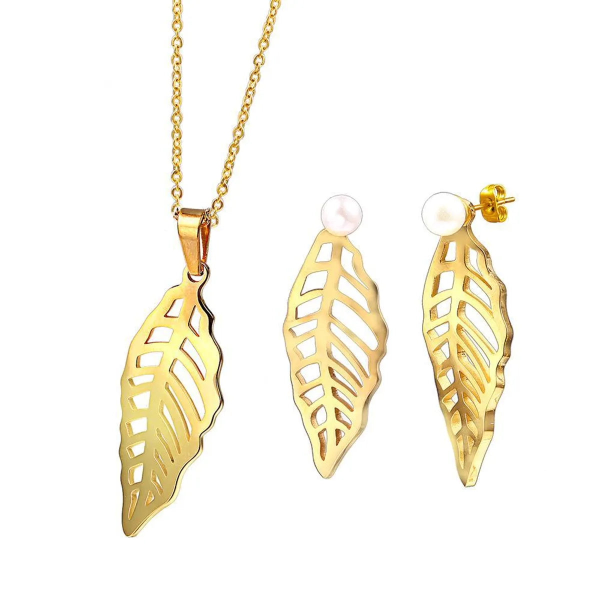 Wholesale Jewelry Retro Leaf Titanium Steel 18K Gold Plated Plating Earrings Necklace