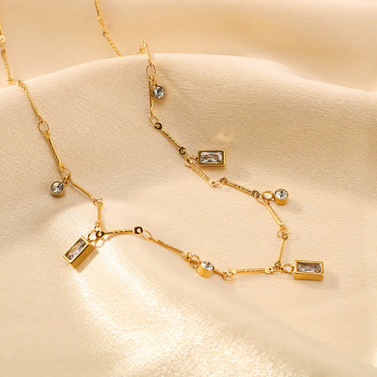 304 Stainless Steel 18K Gold Plated Romantic Simple Style Shiny Inlay Round Rectangle Zircon Necklace