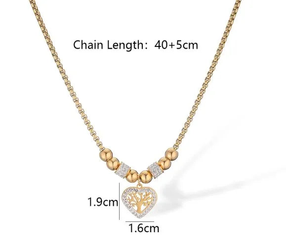 304 Stainless Steel 18K Gold Plated Simple Style Commute Inlay Heart Shape Life Tree Zircon Pendant Necklace