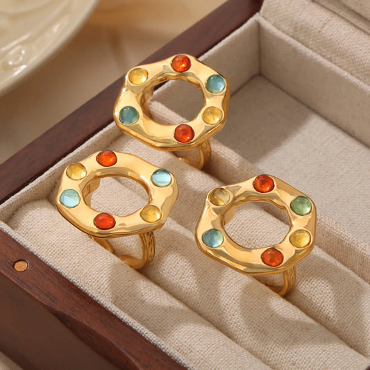 Wholesale Jewelry Simple Style Hexagon Titanium Steel Glass Bead 18K Gold Plated Inlay Open Rings