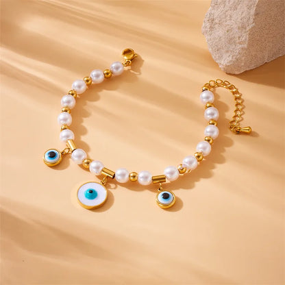 Vintage Style Life Tree Eye Flower 304 Stainless Steel 18K Gold Plated Turquoise Pearl Shell Bracelets In Bulk