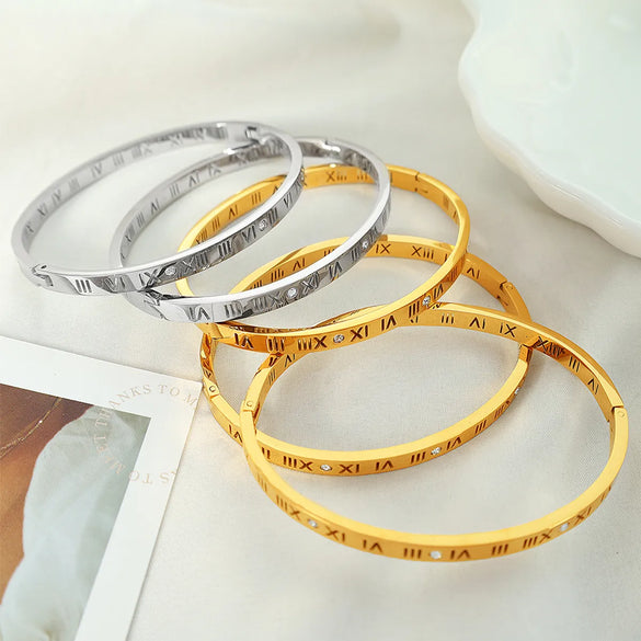 Titanium Steel 18K Gold Plated Vintage Style Simple Style Roman Numeral Zircon Bangle