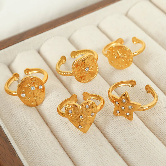 Titanium Steel 18K Gold Plated Vintage Style Star Heart Shape Plating Inlay Zircon Open Rings