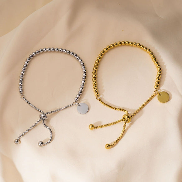 Titanium Steel Adjustable Bracelet With Round Bead And Pendant Electroplated Design For Women
