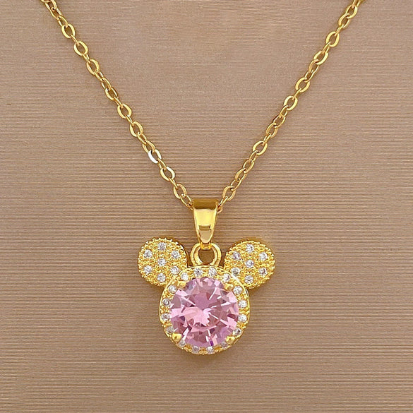 Titanium Steel And Brass Cartoon Geometric Style Full Diamond Inlaid Mickey Head Necklace For Women