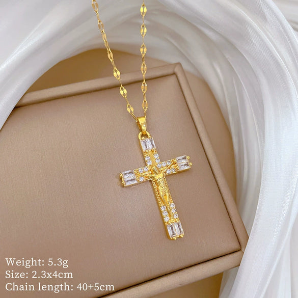 Titanium Steel And Copper Cartoon Geometric Diamond Microinlaid Women's Cross Necklace