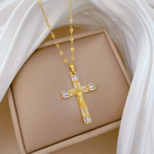Titanium Steel And Copper Cartoon Geometric Diamond Microinlaid Women's Cross Necklace