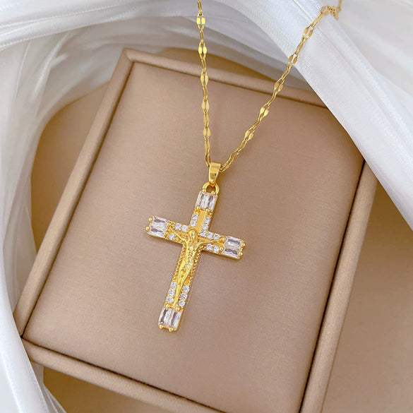 Titanium Steel And Copper Cartoon Geometric Diamond Microinlaid Women's Cross Necklace
