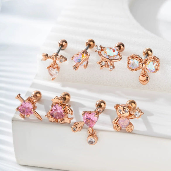 Titanium Steel And Copper Earrings With Inlaid Zircon Heart Bow Bear Design Electroplated For Women Fashion Flower Style