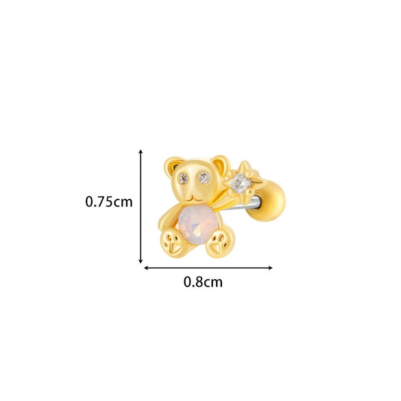 Titanium Steel And Copper Earrings With Inlaid Zircon Heart Bow Bear Design Electroplated For Women Fashion Flower Style
