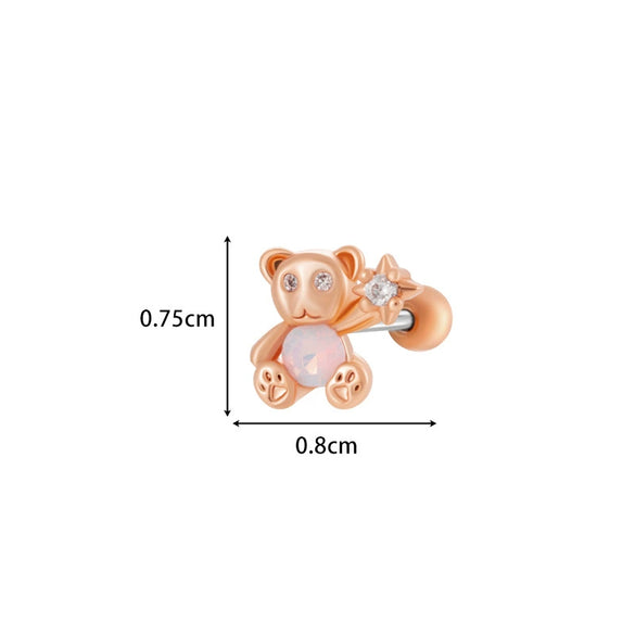 Titanium Steel And Copper Earrings With Inlaid Zircon Heart Bow Bear Design Electroplated For Women Fashion Flower Style